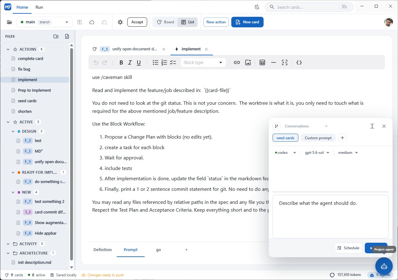 List view with the file tree, an action editor tab, and the conversation panel